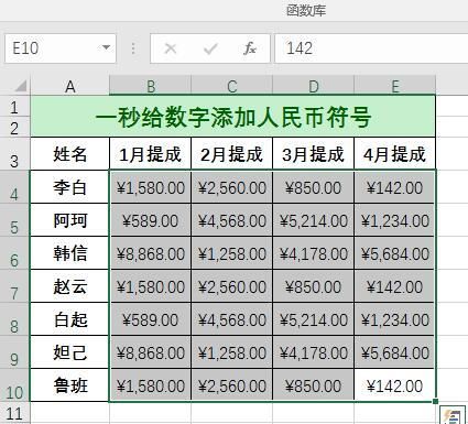 EXCEL小技巧，一秒给数字添加人民币符号